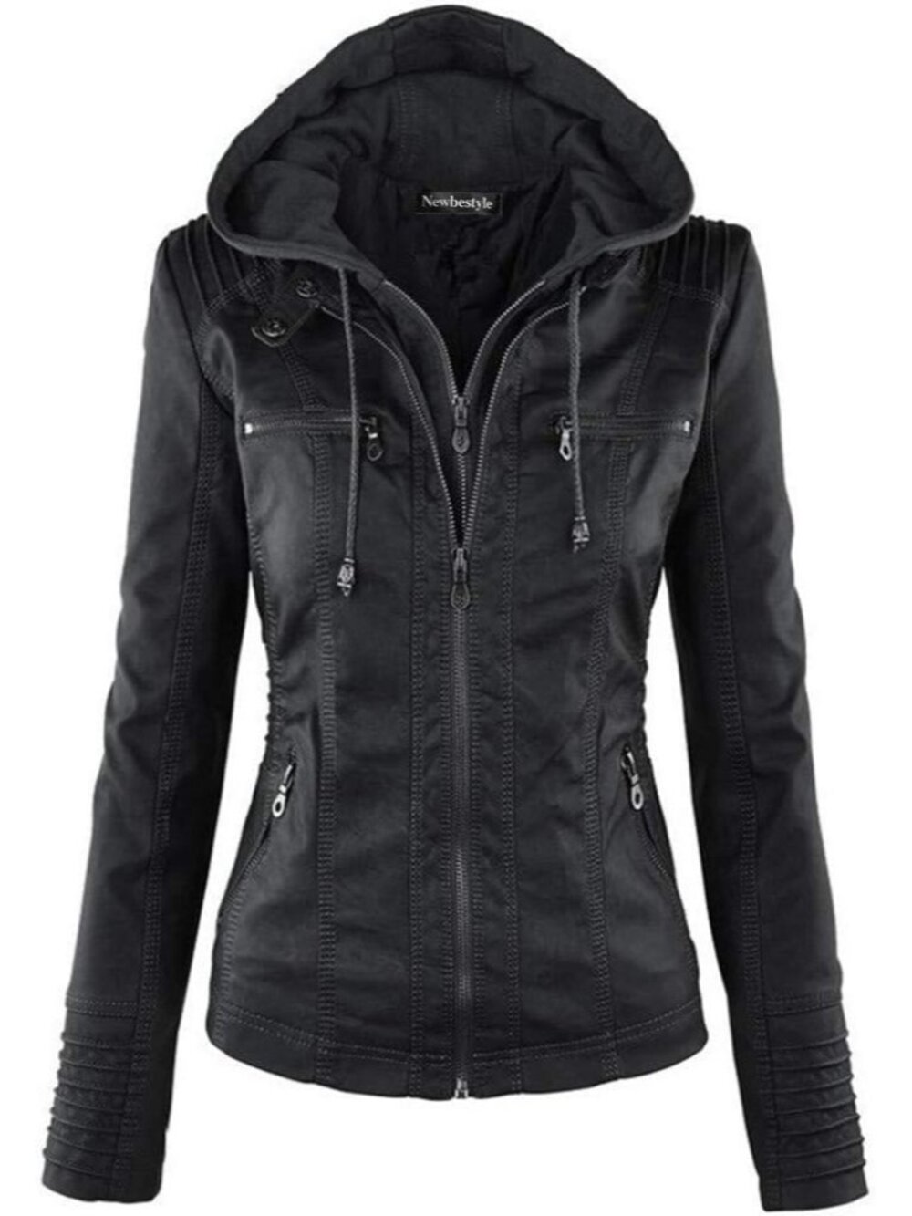 Women’s Black Hooded Faux Leather Motorcycle Jacket Zip Up Casual Biker Coat